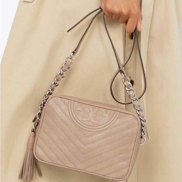 Tory Burch Fleming Beige Quilted Crossbody Bag - Picture 1 of 13